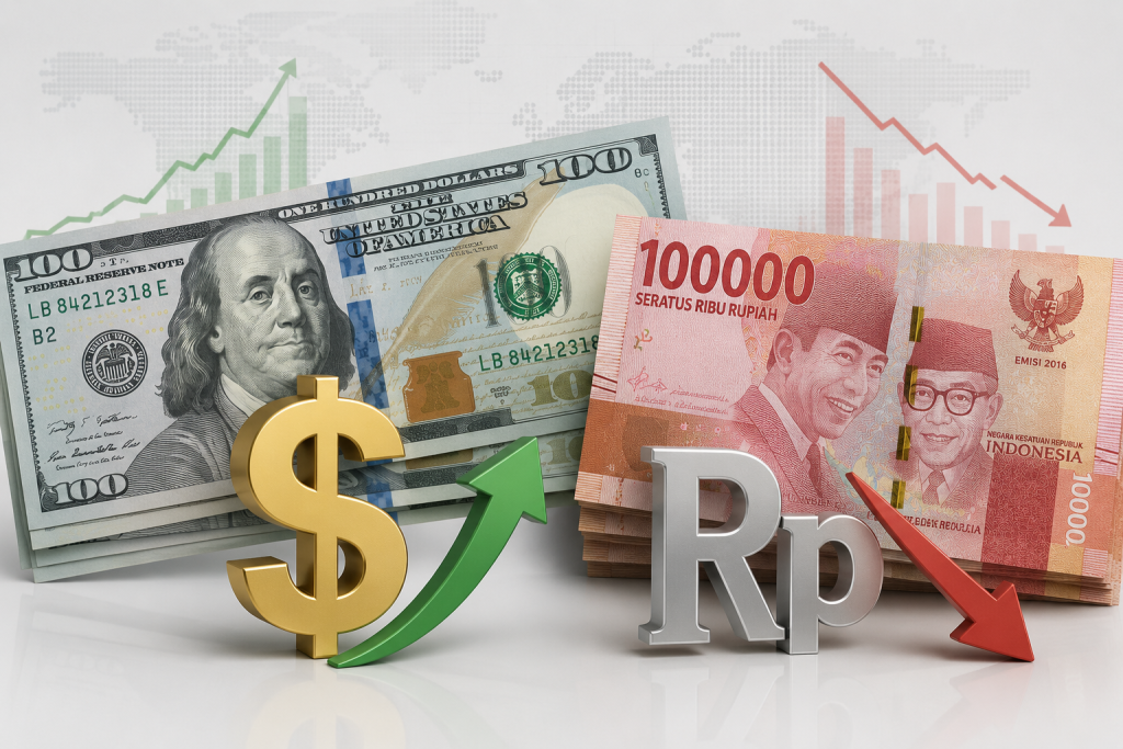 Ilustrasi kenaikan nilai tukar dolar AS dan pelemahan rupiah Indonesia yang menggambarkan dampak ekonomi