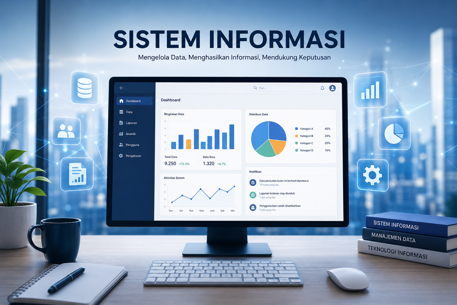 Cover ilustrasi sistem informasi dengan komputer modern menampilkan dashboard data, grafik analisis, dan ikon teknologi digital.